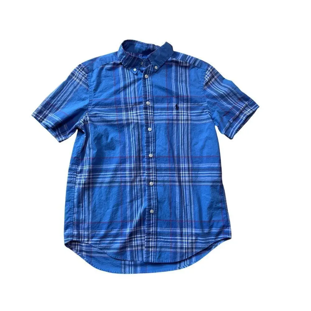 Ralph Lauren BOYS size 14/16; Collared, short sleeve shirt, Blue Plaid print